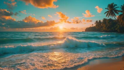 Sunset over the ocean with waves, palm trees, and a vibrant sky, ideal for holiday and nature themes, with space for text.