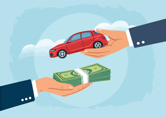 Buying a new car concept illustration with money exchange for vehicle purchase and car dealership deal