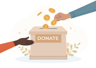 Donate now support charity fundraising campaign donate money for good cause donation box vector art