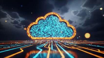 Glowing Cloud on Circuit Board Under Dark Cloudy Sky Futuristic Data Network - Powered by Adobe