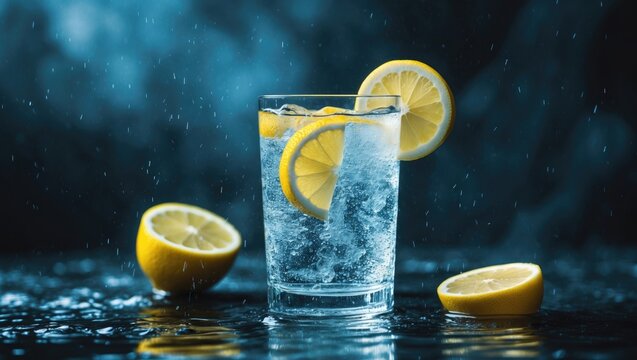 Cold refreshing water with lemon in a glass, with empty copy space for text.