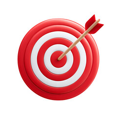 High quality photo of red and white archery target with arrow in the bullseye isolated on transparent background.