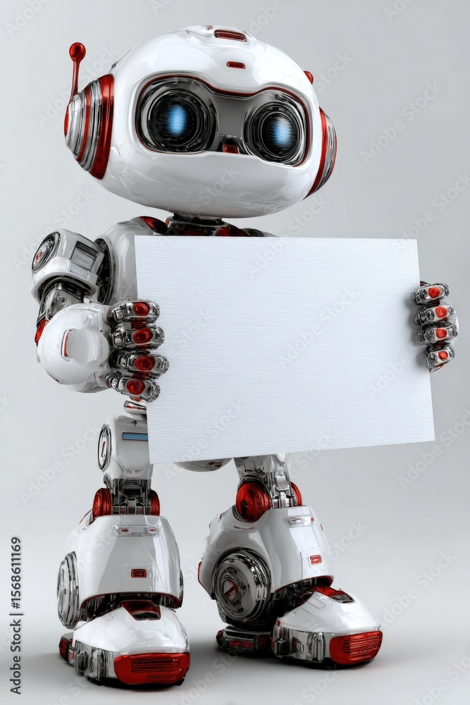 Poster Futuristic white and red humanoid robot holding blank sign with advanced sensors and articulated limbs, standing on a white surface in a high-tech environment