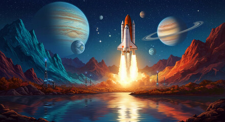 Fototapeta premium Space rocket launches from alien planet, sci-fi poster.