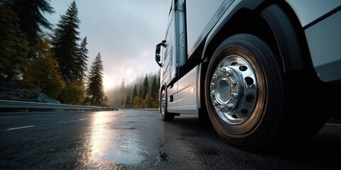 Heavy Duty Truck Driving on Wet Road Du Sunrise in a Forested Mountain Area with Tall Evergreen Trees