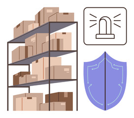 Stacked cardboard boxes on shelves alongside an alarm icon and a shield emphasizing warehouse safety. Ideal for logistics, security, inventory management, protection, organization, e-commerce, damage