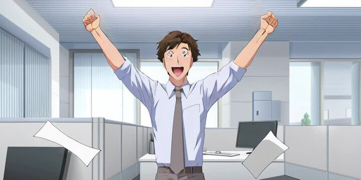 Anime employee celebrating while working in the corporate office