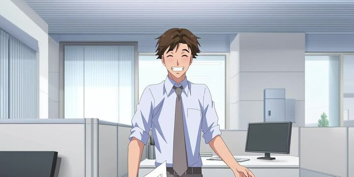 Anime employee celebrating while working in the corporate office