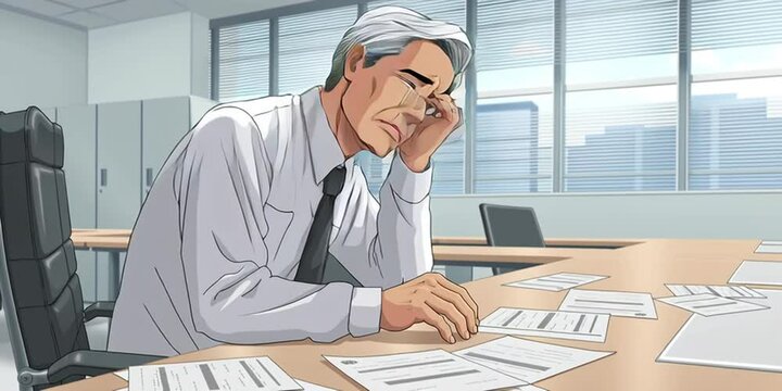 Anime employee Crying from sadness while working in the corporate office