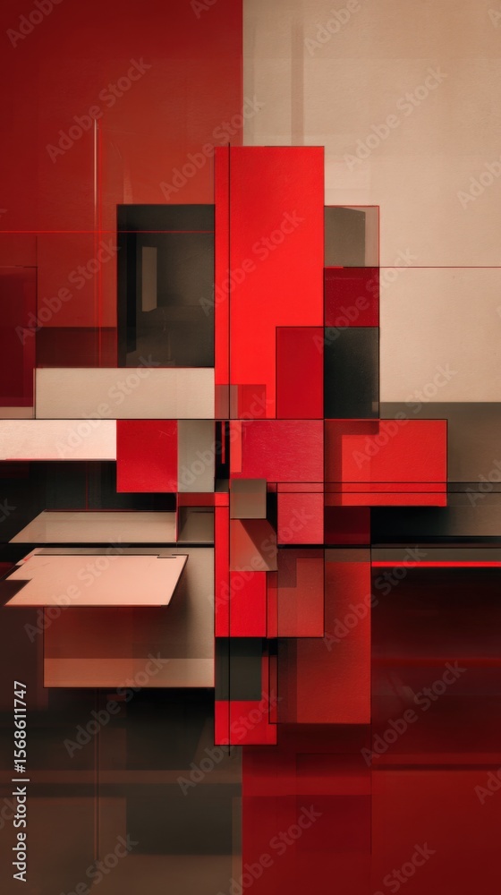 Aufkleber Abstract modern geometric art with vibrant red black beige colors and three dimensional block shapes creating dynamic composition and visual interest