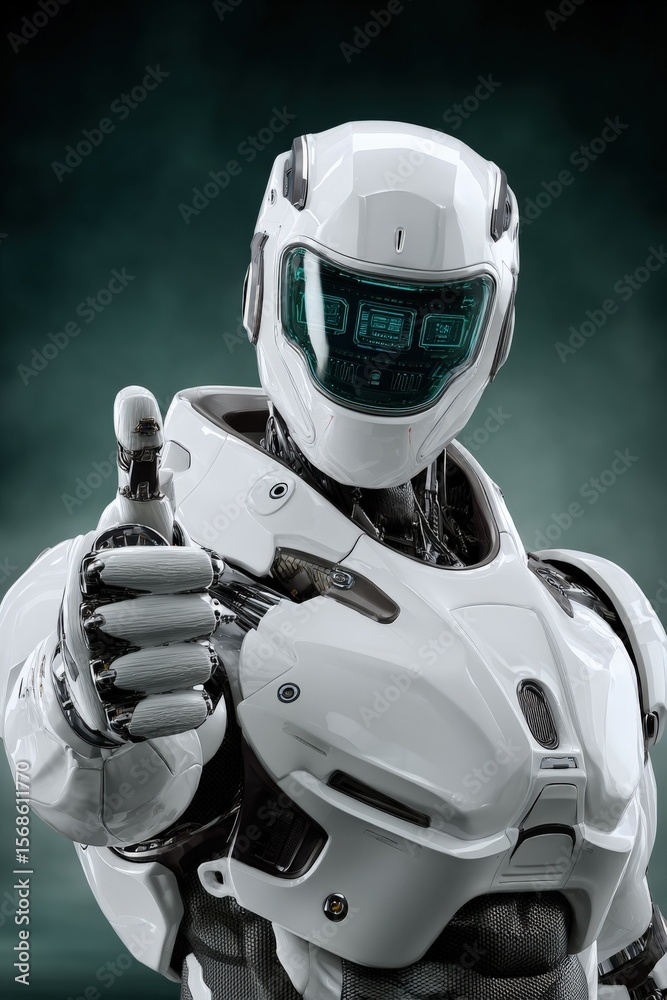 Poster Futuristic humanoid robot with sleek white armor high-tech digital face display giving thumbs up in a dark modern setting