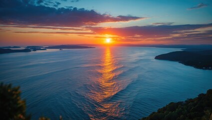 Scenic view of sea strait during sunset day with empty copy space for text
