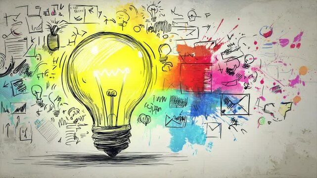 Innovative ideas burst forth from a brilliant lightbulb, surrounded by colorful sketches and notes.  A creative brainstorm