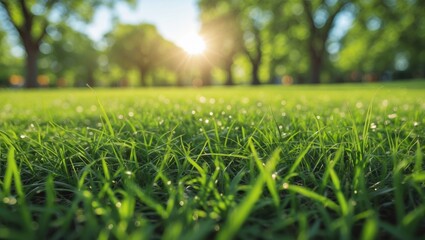 Green Grass Field In The Garden Park On A Sunny Day with Empty Copy Space For Text