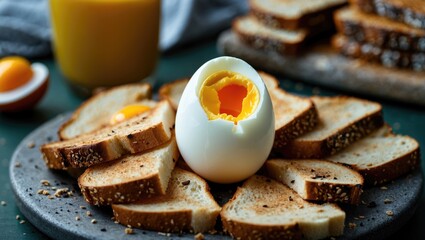 A boiled egg with its top chopped off, served with toast soldiers, a traditional breakfast.