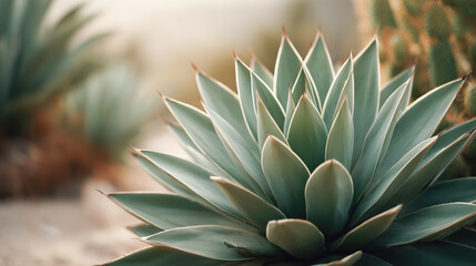 Detailed close-up of a spiky agave plant with symmetrical green leaves