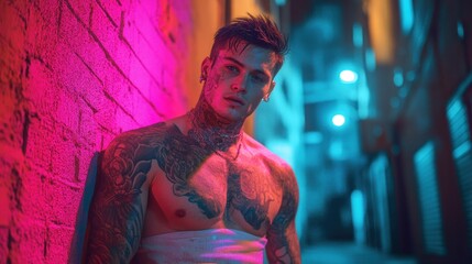 Fototapeta premium Tattooed man in a neon lit alley at night