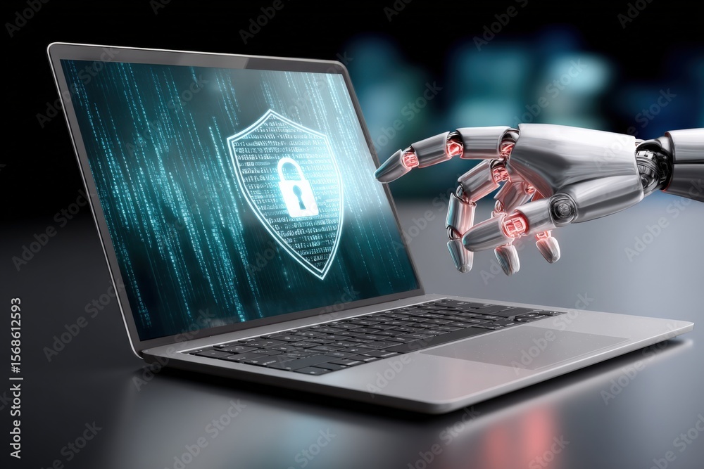 Fototapete High-tech robotic hand interacting with digital security shield displayed on laptop screen, representing cybersecurity and advanced technology concepts