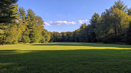 Lush meadow bathed in sunlight nestled between verdant trees under bright skies
