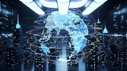 Virtual Blue Earth with Futuristic Server Room Background Digital Network Connectivity And Technology Infrastructure - Powered by Adobe