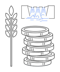 Wheat stalk, stacked coins, and irrigation flows highlight farming, resource management, eco-efficiency, and economic prosperity. Ideal for sustainability, agribusiness, irrigation environment
