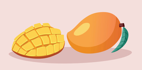Vector Illustration of a Mango Fruit Whole and Sliced. Drawing of a tropical stone fruit (drupe) on a pink background 
