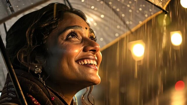 Woman Joyfully Enjoying Rain Under Umbrella