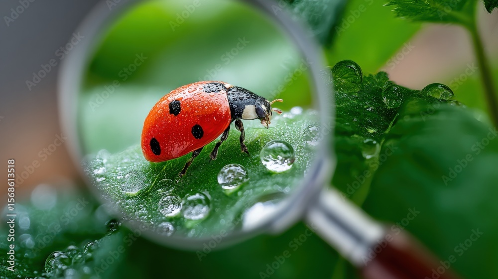 Poster close-up of a vibrant red ladybug with black spots on green leaf surface viewed through a magnifying