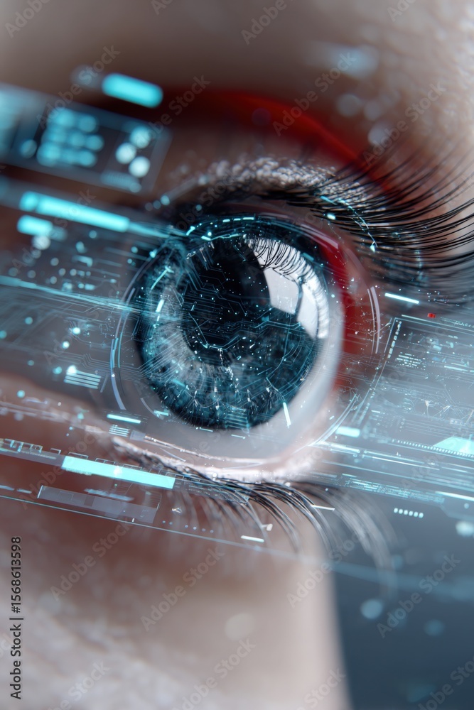Poster Close-up of a human eye with digital interface overlay showing futuristic technology and holographic data visualization