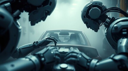 Robots repairing futuristic car.