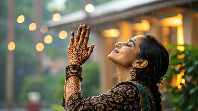Celebrating Teej Woman Embracing Rain with Henna Art