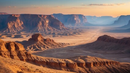 Naklejka premium Amazing view of the desert landscape with rugged cliffs and expansive sand dunes at sunrise or sunset.