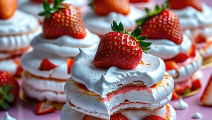 Obraz premium Close Up Of Cracked Layers Of Home Baked Dessert With Fresh Strawberries, Meringue And Whipped Cream Layered With Seasonal Strawberry, With Empty Copy Space For Text