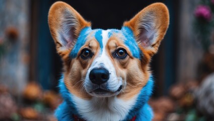 Obraz premium A blue merle corgi with big ears and funny fur stains, bright eyes, close-up image with space for text, featuring a Cardigan Welsh Corgi dog.