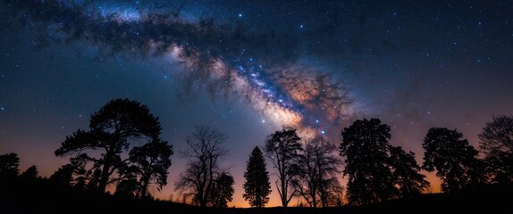 Obraz premium Amazingly peaceful photo of the Milky Way above silhouetted trees.