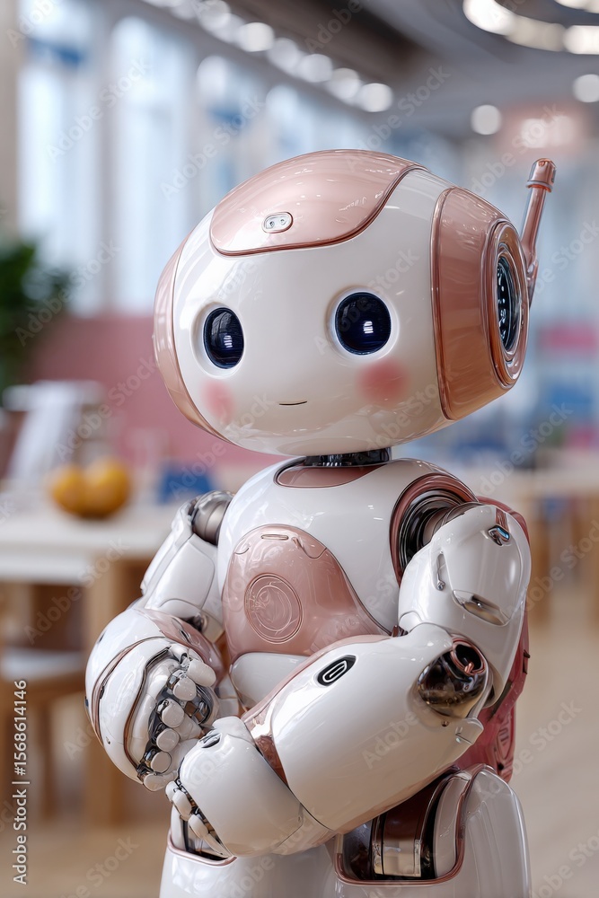 Poster Advanced humanoid robot with a cute cartoon-like face and expressive large eyes, designed for interaction and assistance in indoor environments