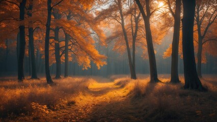 a beautiful sunny autumn day in the forest
