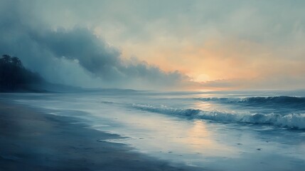 Serene sunset seascape featuring a sky of gray and yellow clouds with the sun peeking through. Ocean waves reflect sunlight; a shadowy landmass is visible in the distance; a tranquil weather theme.