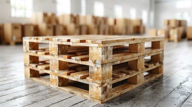 Wooden pallet on a warehouse floor, stacked crates in background