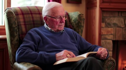 Older man reading in armchair by fireplace - Powered by Adobe