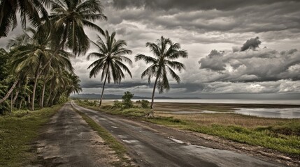 Fototapeta premium Tropical road winds towards a lake under dark clouds