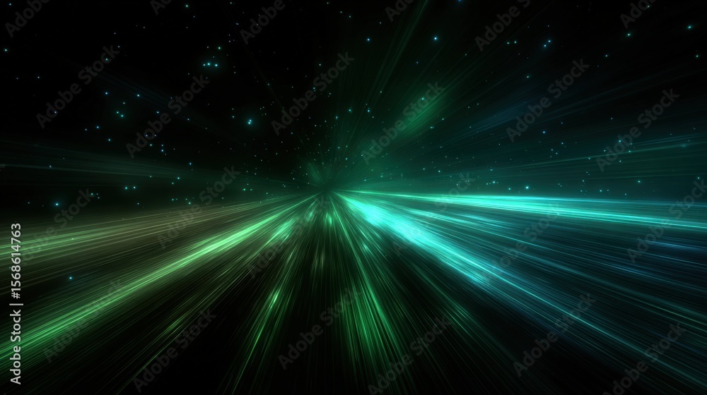 Poster Futuristic Abstract Space Laser Light Explosion with Bright Green and Blue Rays Radiating in a Deep Universe Background for Sci-Fi and Technology Themes