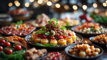 Savory Food Decoration with assorted dishes and garnishes on a festive table.
