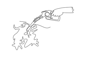 Hand holding a fuel nozzle pumping spilling out fuel liquid crude. world commodities and oil concept. Single line draw design. Vector graphic illustration