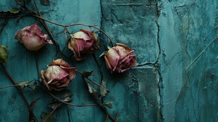 Dried roses on teal textured backdrop