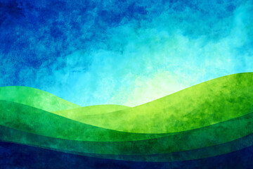 Abstract Watercolor Sunrise Over Blue Sky And Grassland Hills
