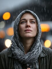 Woman in Grey Scarf, Rain-Kissed Face, Hopeful Gaze A Portrait of Resilience and Serenity in the City