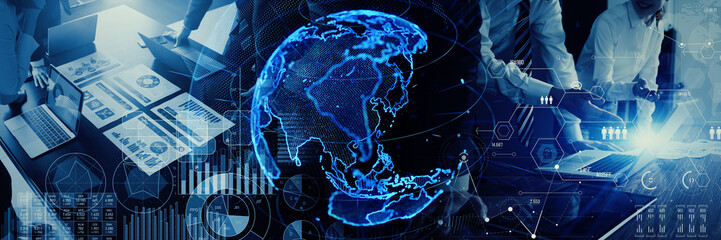 地球とビジネスシーン　グローバルビジネス　バナー・広告向け横長ビジュアル