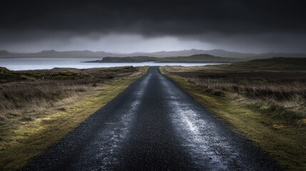 Empty road stretches into a moody landscape