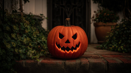 Obraz premium Spooky Jack-o'-lantern with a scary glowing face on a porch at night